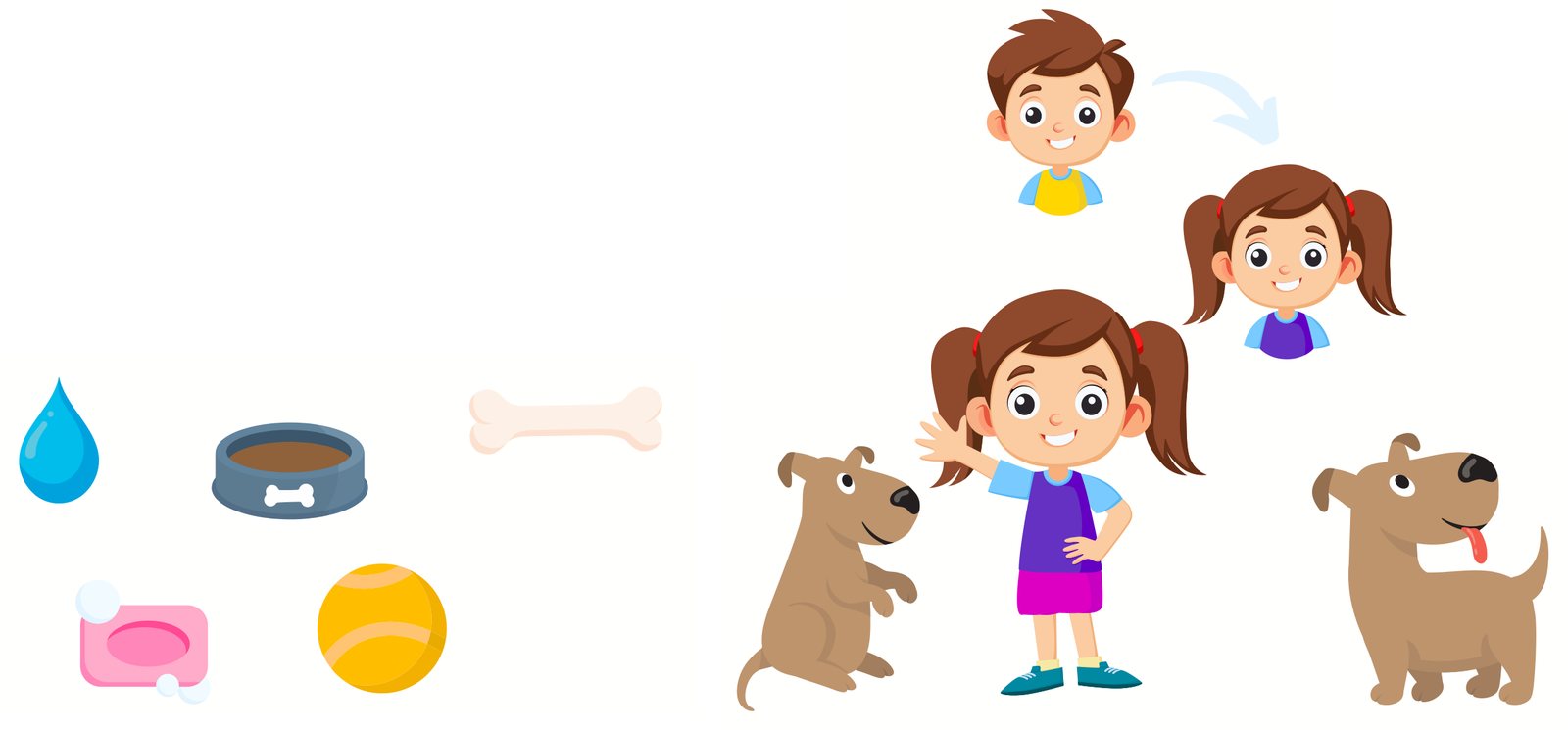 Gegenstände wie Napf, Ball und Seife sowie die Figuren der App